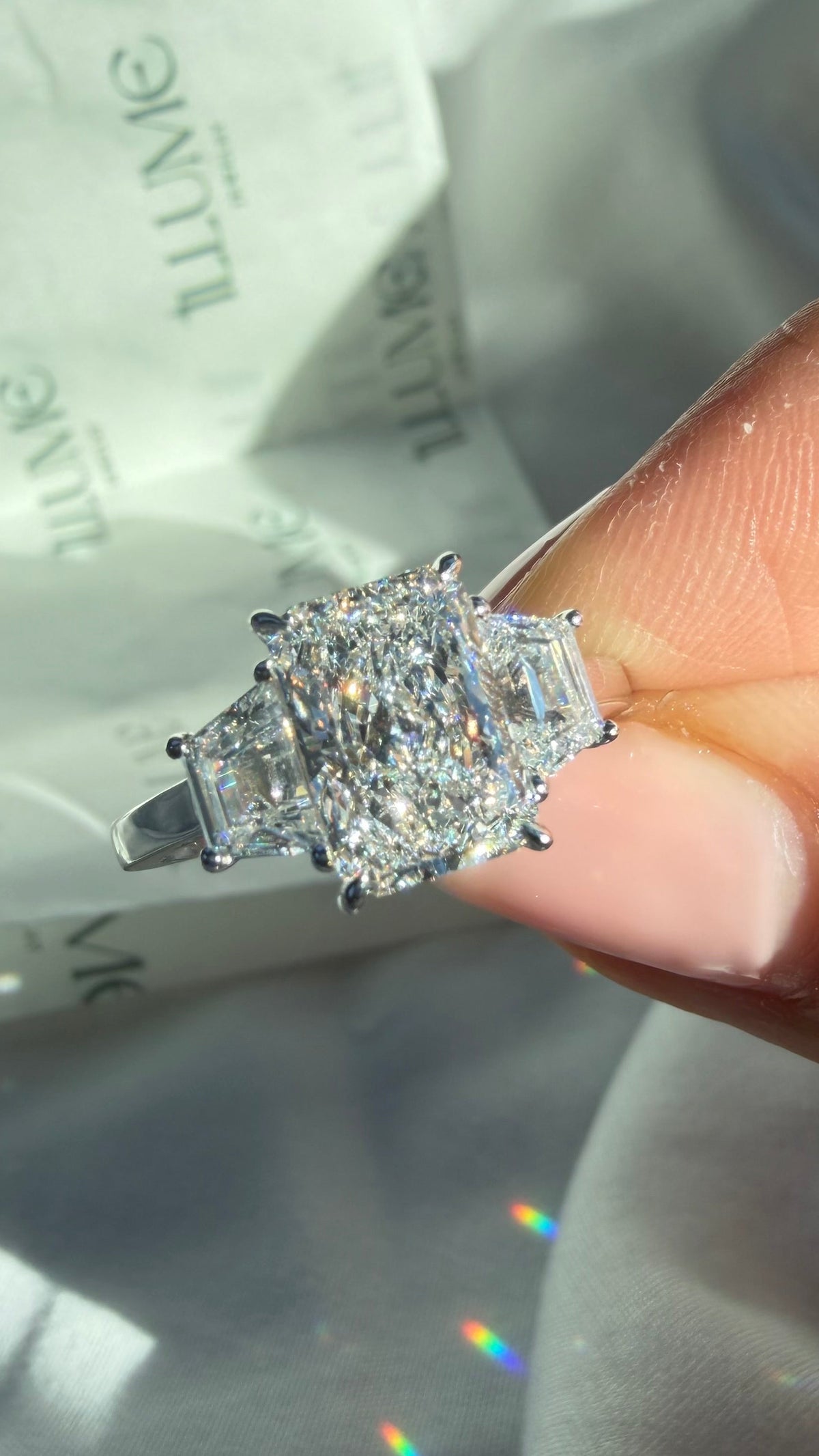 Genevieve - 3ct Radiant Lab Diamond Trilogy on 14k Gold Band
