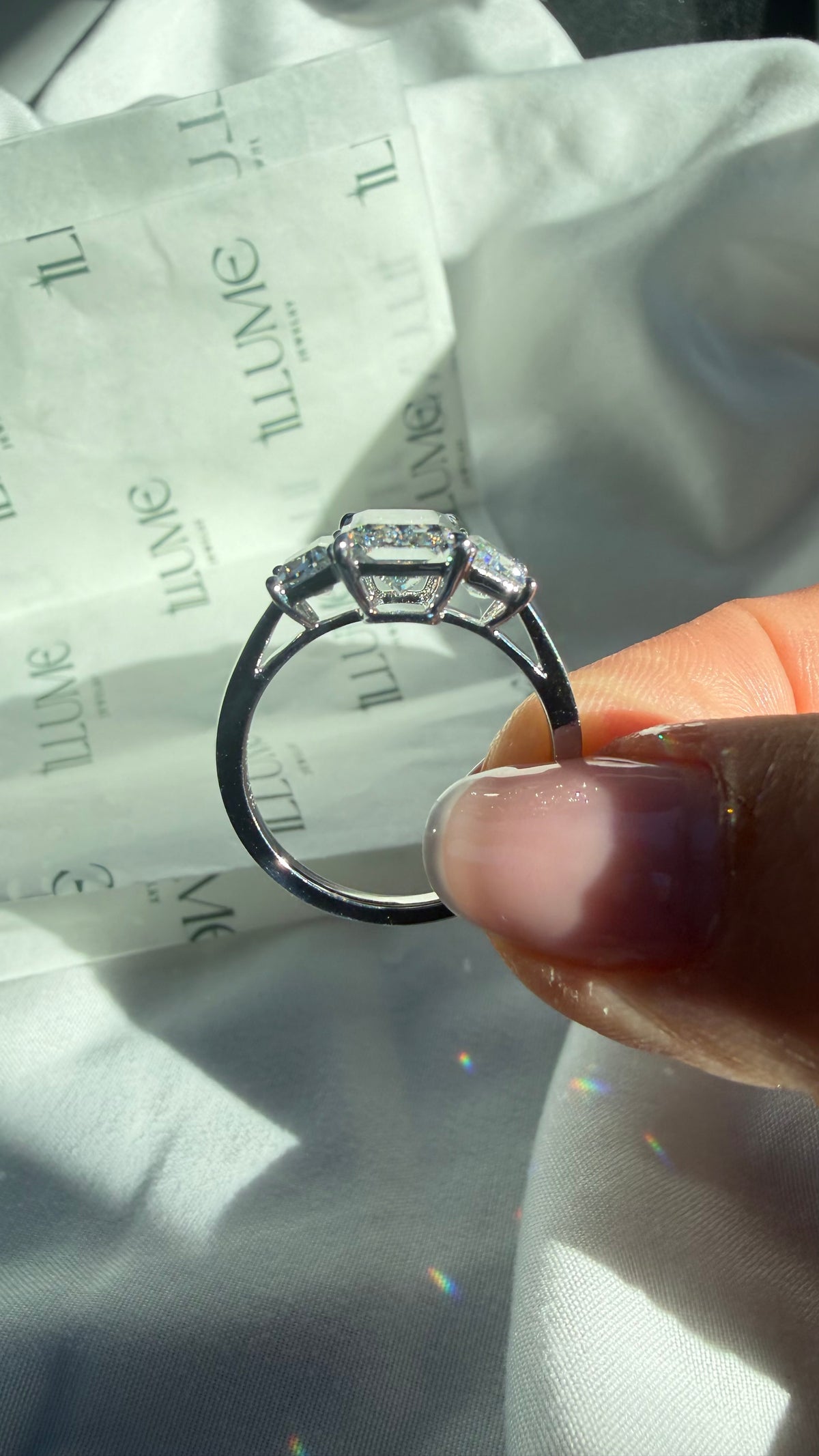 Genevieve - 3ct Radiant Lab Diamond Trilogy on 14k Gold Band